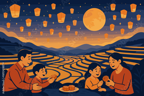Family gathering under the moonlight celebrating the harvest festival with lanterns in the sky and mooncakes in hand
