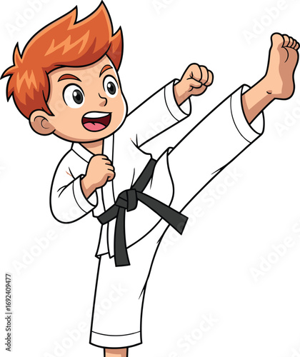 Cartoon boy doing high karate kick, martial arts kid in uniform with black belt, taekwondo pose, vector illustration for sports and fitness