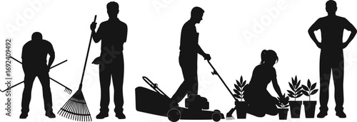 Silhouette of Gardeners and Landscapers Working with Tools, Mowing Lawn, Raking Leaves, and Planting Flowers for Outdoor Yard Maintenance