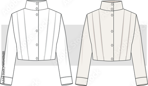 Women pleats jacket fashion technical drawing, illustration. Cropped plisse  jacket, vector. CAD, Mockup set. 
