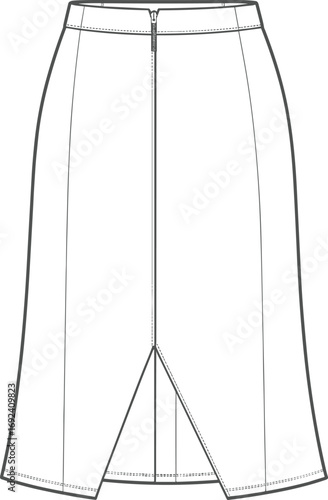 Front Slit Midi Skirt Flat Sketch, Zipper Waistband, Fashion Technical Drawing, Vector Clothing Template, Apparel Design Outline
