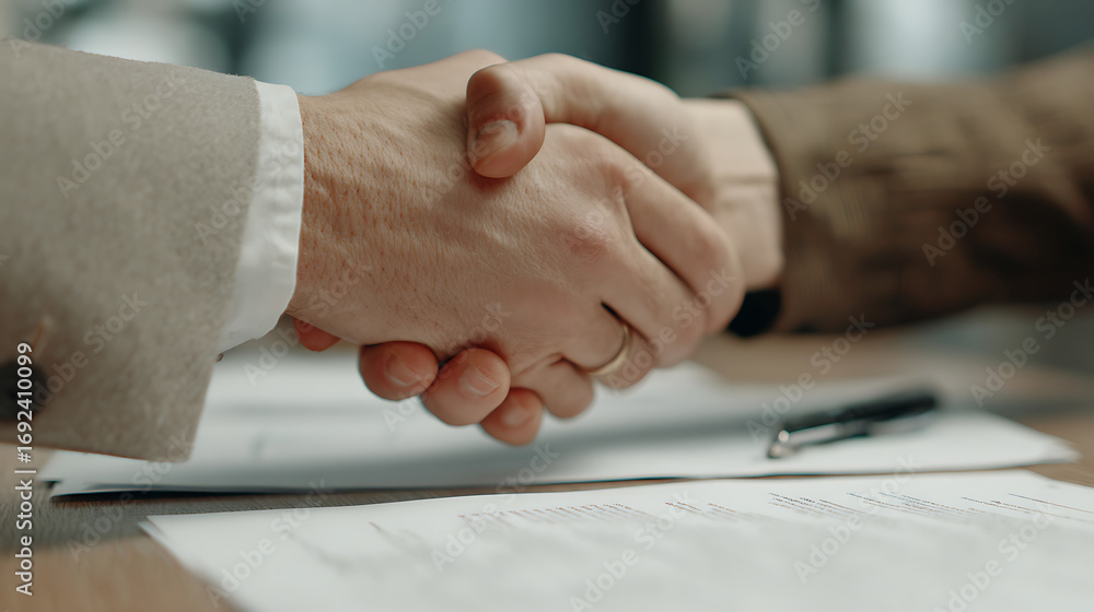 Fototapeta premium Close up of two business people shaking hands over documents and a pen on a desk