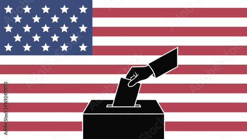 Hand placing ballot in box against an american flag backdrop for election or voting concept art