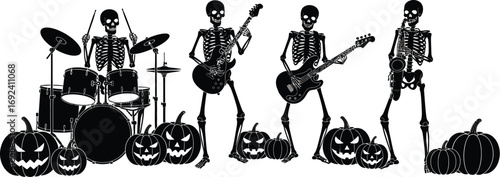 Silhouette illustration of skeleton band playing music with pumpkins, a spooky scene perfect for halloween decorations