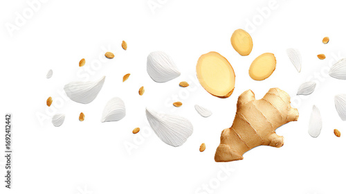 Fresh ginger root mockup a white background clean isolated style with branding area suitable for spice packaging healthy lifestyle campaigns and food product marketing