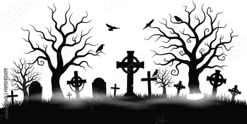 Silhouette of a spooky graveyard with tombstones, celtic crosses, bare trees, crows, and a full moon for halloween designs