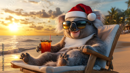 Cute koala bear dressed as Santa Claus enjoying beach holiday, ocean waves and palm trees background, Australian summer Christmas card theme, modern 3D festive wildlife animal illustration concept.