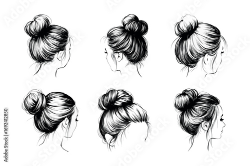 set of ‍drawing of a woman with a bun in her hair 