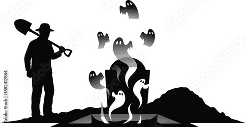 Silhouette of a grave digger with a shovel standing near an open grave with ghosts emerging from it