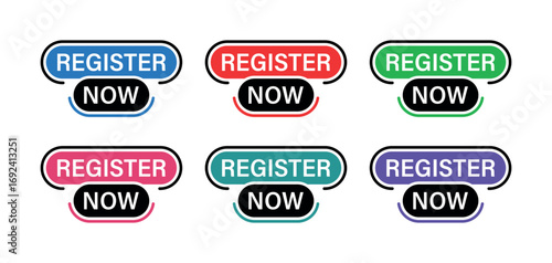 Register Now Button Collection, Colorful Rounded CTA Icons with Arrow Accents for Website Signup, Event and Webinar Forms, UI, UX Design Assets