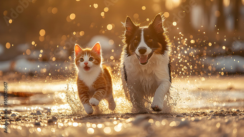 Puppy and kitten running happily on tropical beach at sunset, cute dog and cat friendship concept, funny animal holiday illustration, summer ocean day background, creative modern digital artwork desig