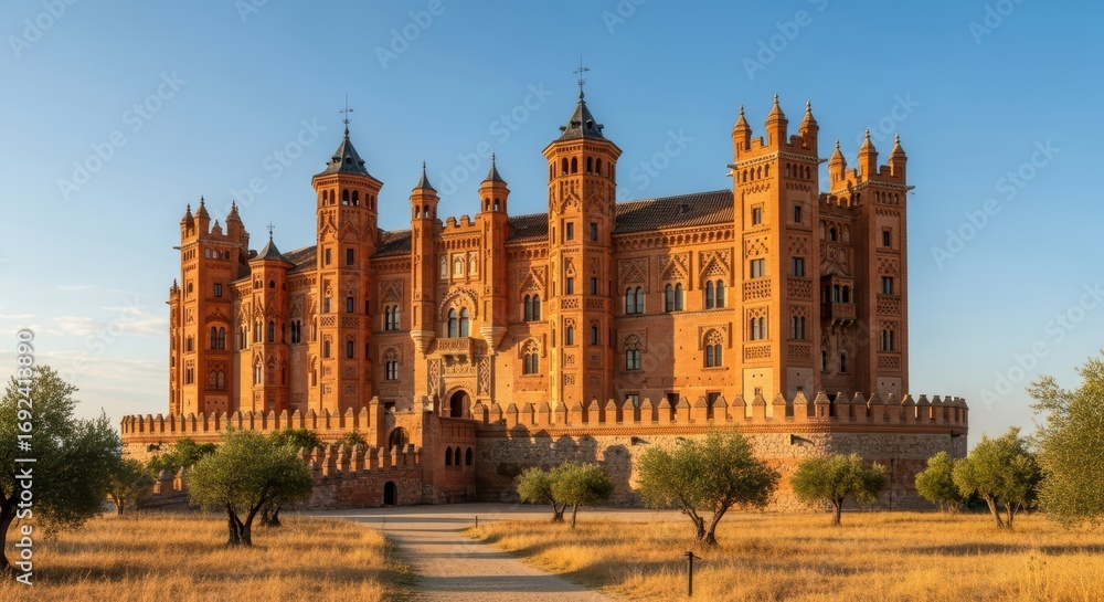 Fototapeta premium Majestic brick castle in serene meadow with olive trees at sunset