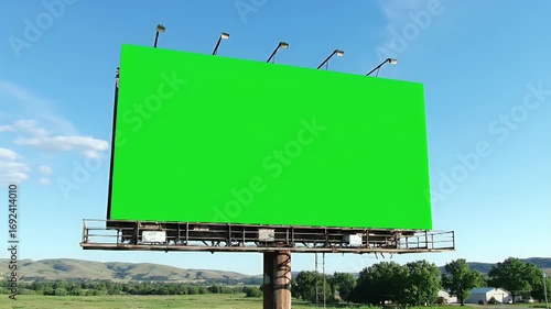 Large Outdoor Green Screen Billboard Mockup Against Blue Sky and Rural Landscape. Blank Chroma Key Ad Template for Customizable Advertising and Mar...