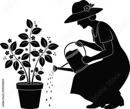 Silhouette of Woman Gardening with Watering Can, Taking Care of Flowering Potted Plant, Vector Illustration for Nature and Outdoor Concepts