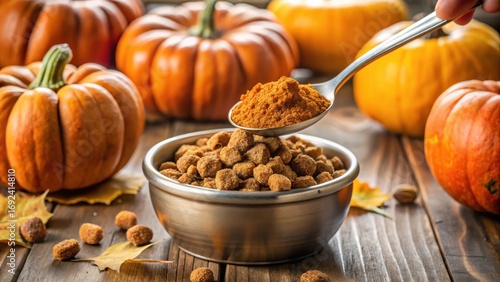 Photo of closeup of a spoon scooping pumpkin spice powder from a bowl of dog treats surrounded by pumpkins and autumn leaves on a wooden table, celebrating fall season