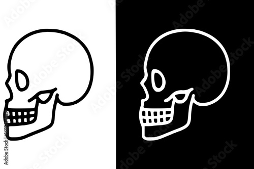 Two profile views of a human skull, one in white on black and the other in black on white.