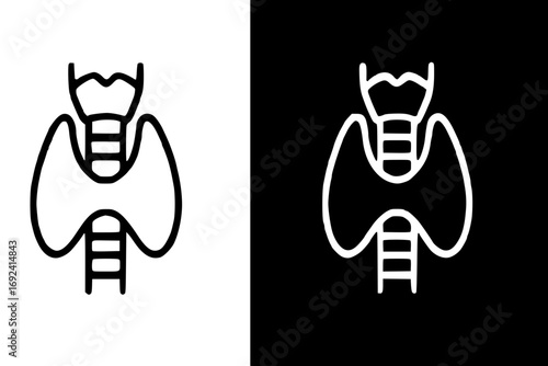 Thyroid gland anatomical illustration, line art icon, black and white versions.