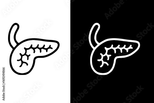 Pancreas organ illustration, depicted in black and white, side by side.
