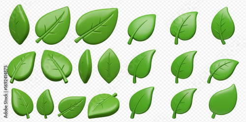 A collection of vibrant green 3D rendered leaves in various shapes and orientations on a transparent background.