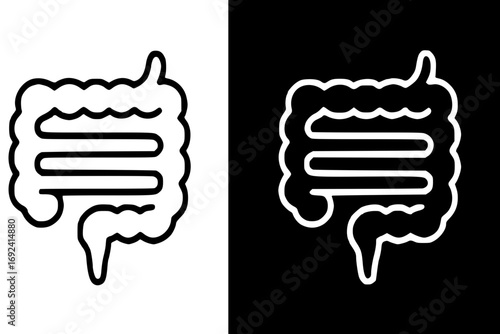 Two stylized illustrations of the human intestines, one in black and white, the other inverted.