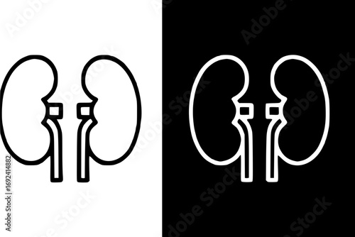 Two kidney icons, one in black outline on white background, the other in white outline on black background.