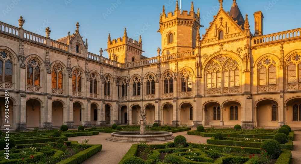 Fototapeta premium Historic gothic-style castle courtyard with garden at sunset