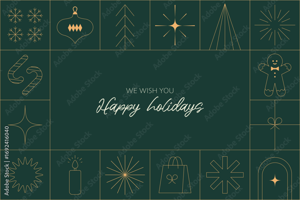 Fototapeta premium Line art Christmas card template. Outline luxury minimal festive banner design. Happy Holidays