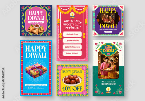 Indian Diwali Social Media Post Templates in Indian Truck Art Style for Story, Reels & Carousels