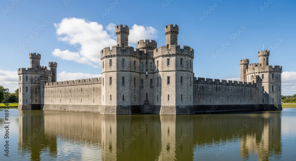 Obraz premium Majestic medieval castle with towers reflected in tranquil moat on a sunny day