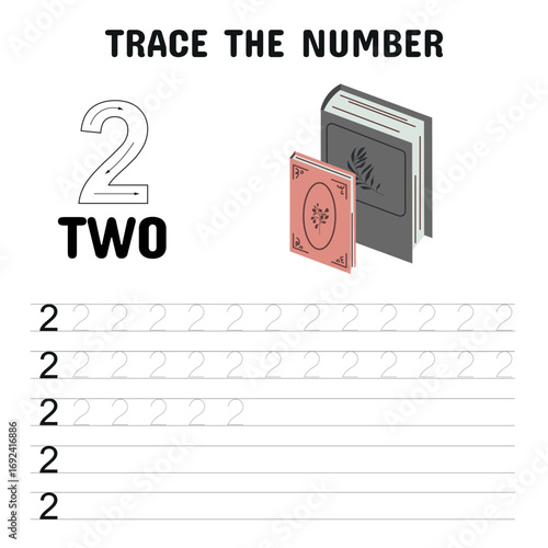 Educational number tracing worksheet for kids featuring the number 2 with books illustration. Helps children learn to write and recognize the number two.
