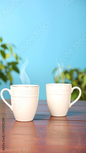 Wallpaper Mural Two steaming mugs on a wooden table against a teal background Torontodigital.ca