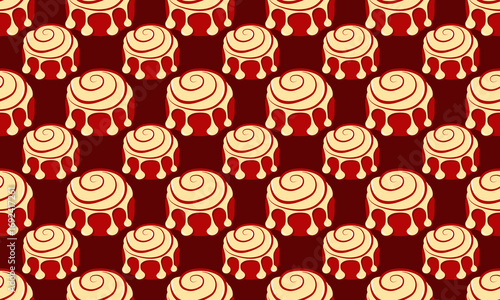Autumn sweet seamless pattern with red cinnamon rolls on dark red background. Vector illustration for prints, package, social media