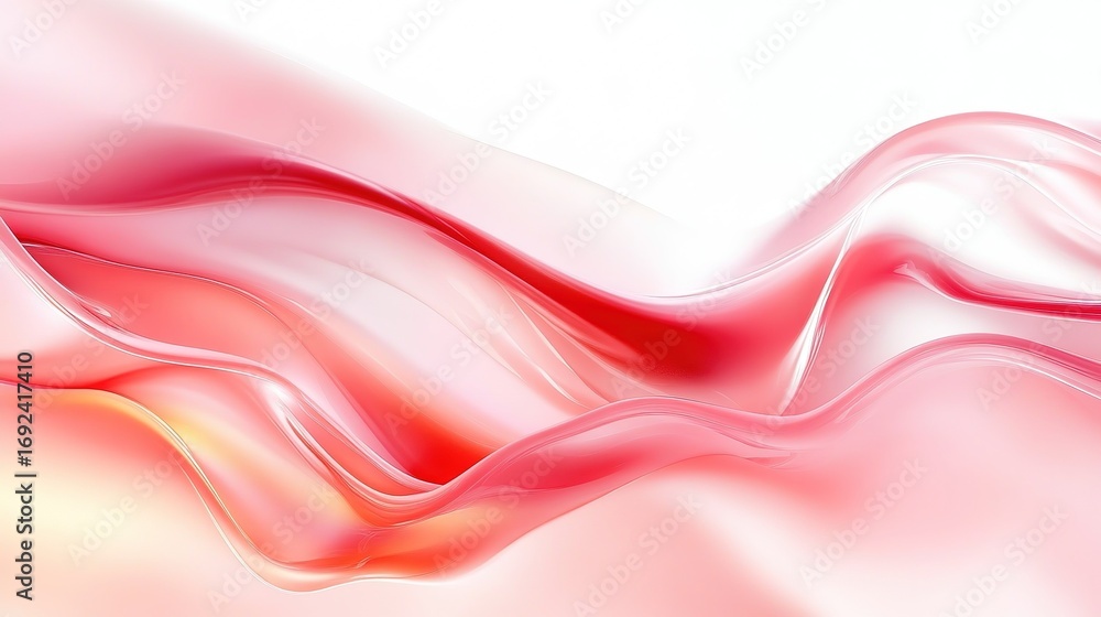 Fototapeta premium Ethereal flowing organic forms in soft pink and red, glowing liquid light waves on white background, elegant minimalist concept for beauty brand or social media wallpaper