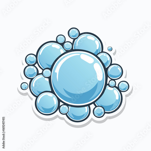 Illustration of a cluster of shiny, transparent, blue soap bubbles floating in the air.