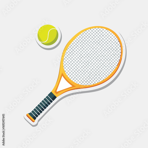 A tennis racket and a tennis ball are depicted in a sticker-like illustration.
