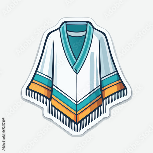Illustration of a white poncho with teal and orange accents and fringe, sticker style.