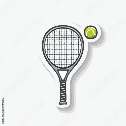 Illustration of a tennis racket and ball, designed with a sticker-like aesthetic.