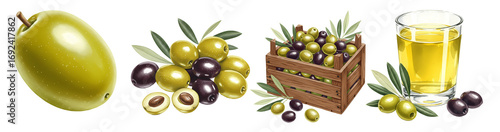 Fresh green and black olives with olive oil, ready to eat for a healthy vegetarian diet with transparent background