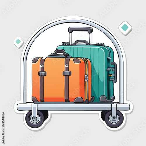 Illustration of two suitcases, one orange and one green, on a luggage cart, ready for travel.