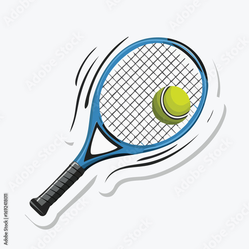 A detailed illustration of a blue tennis racket with a tennis ball, ready for play.