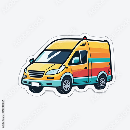 Cartoon illustration of a delivery van with a colorful design, perfect for logistics and transport.