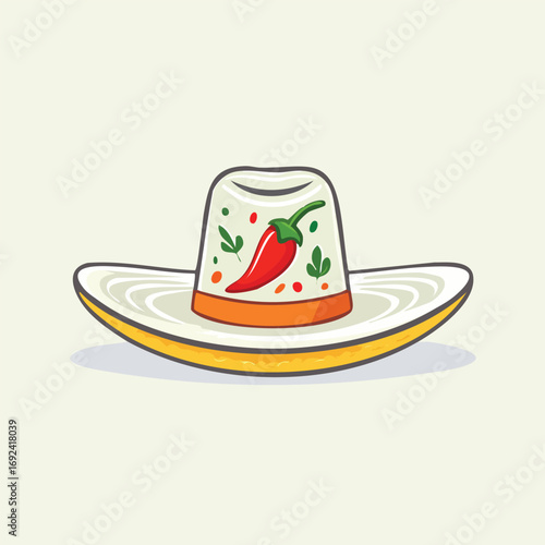 A cartoon illustration of a sombrero hat with a chili pepper design on the front.