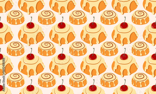 Autumn sweet seamless pattern with cinnamon rolls on light beige background. Vector illustration for cards, banners, social media