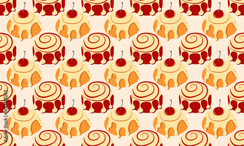 Autumn seamless pattern with different cinnamon rolls on light beige background. Vector Illustration for banners, cards, social media