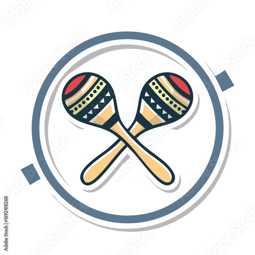 Illustration of two crossed maracas with colorful patterns inside a white circle with a blue border.