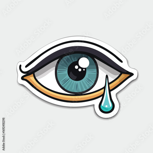 Illustration of a detailed eye with a teal iris, black eyelashes, and a teardrop falling.