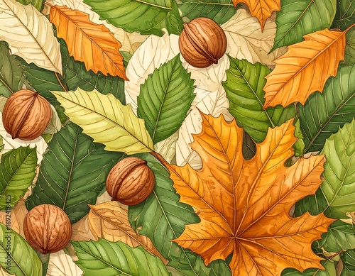 Autumnal leaves and walnuts