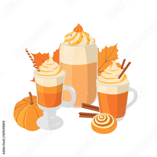 Autumn collection of glasses pumpkin spice latte with cinnamon roll, leaves, pumpkin. Fall vector illustration for cards, prints, social media