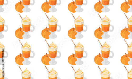 Autumn seamless pattern with pumpkin spice latte, wafer stick and pumpkin on light background. Cozy vector illustration for packaging, social media and prints