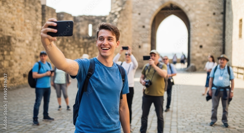 Obraz premium Young caucasian male taking selfie at historic site with tourists in background